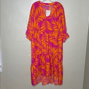 FAIRHOPE Magenta Orange Leaf Dress Tiered Tropical Print Comfortable NWT XXL